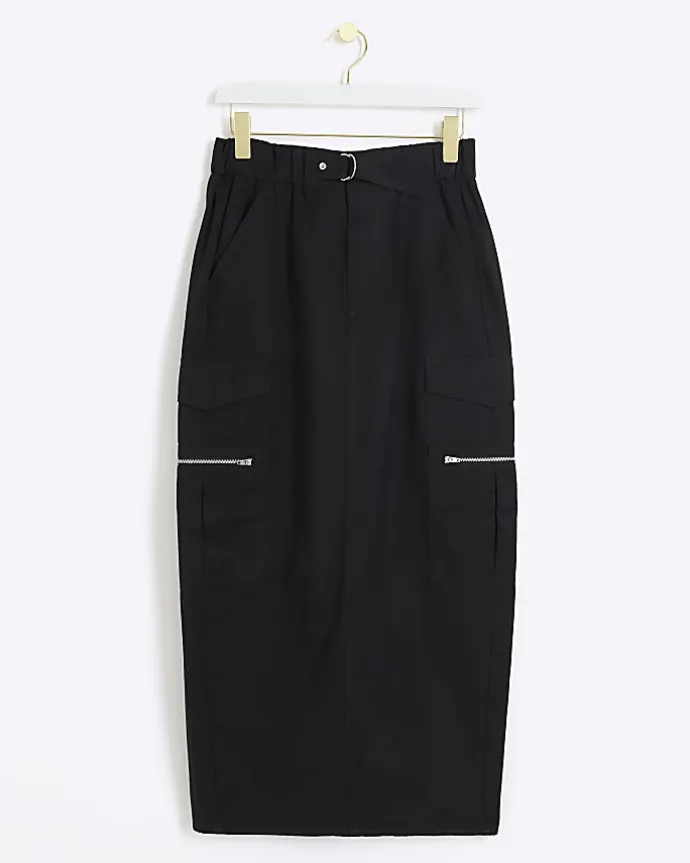 Black zip pencil midi skirt