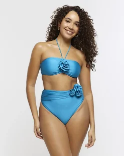 Blue corsage halter bikini top
