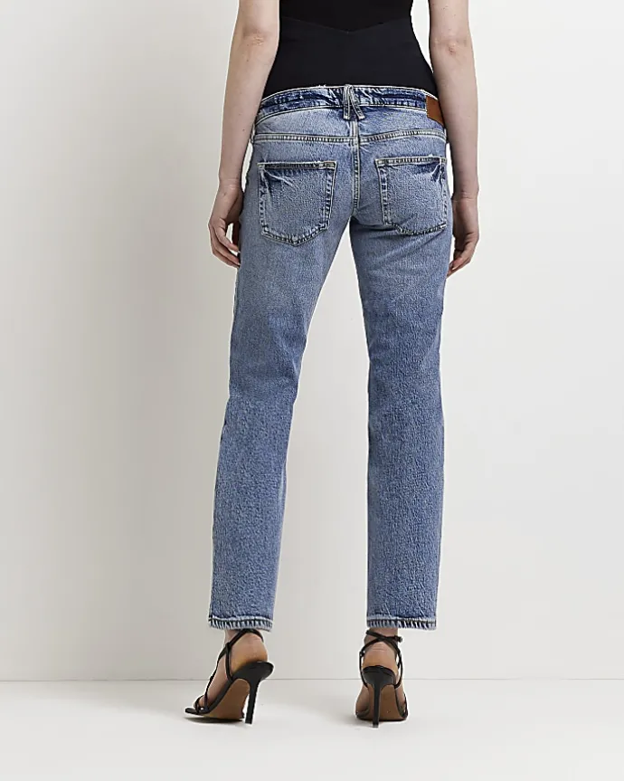 Blue denim low rise straight jeans
