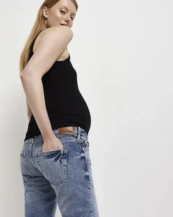 Blue denim low rise straight jeans