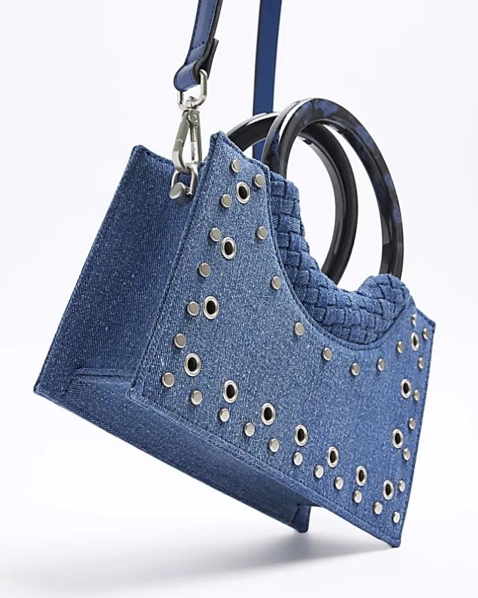 Blue denim studded cross body bag
