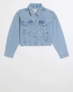 Blue embellished crop denim jacket