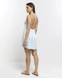 Blue embellished plunge beach mini dress