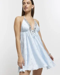 Blue embellished plunge beach mini dress