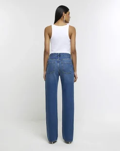 Blue embellished relaxed straight jeans