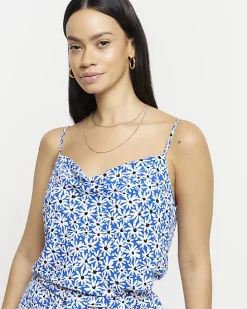 Blue floral cowl neck cami top
