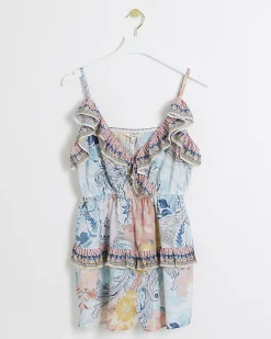 Blue floral frill playsuit