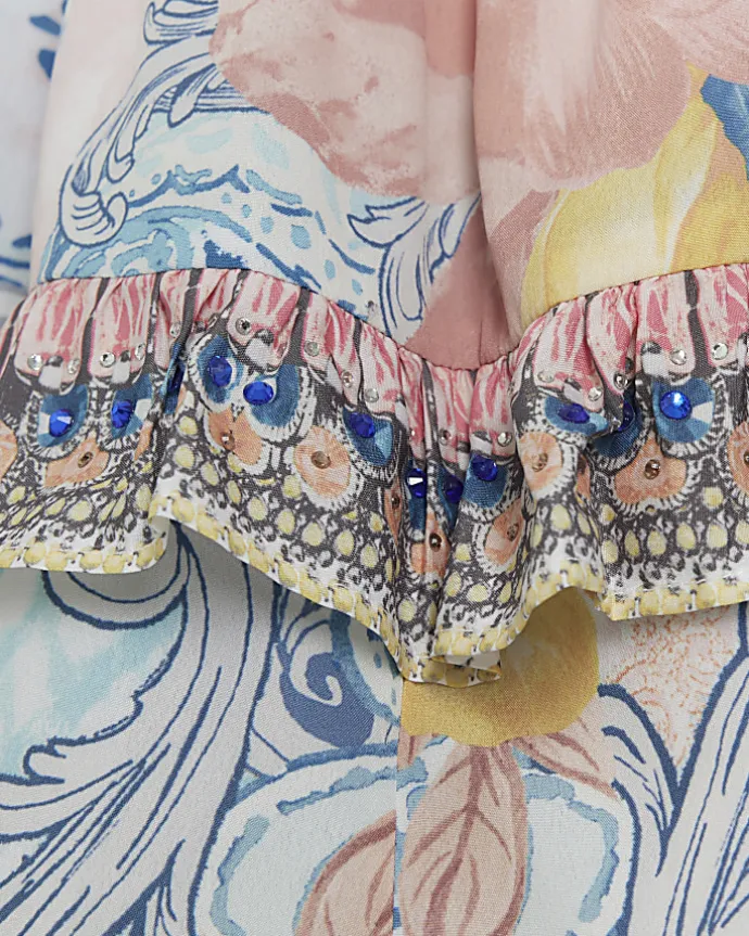 Blue floral frill playsuit