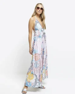 Blue floral plunge slip maxi dress