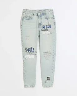 Blue graffiti ripped jeans