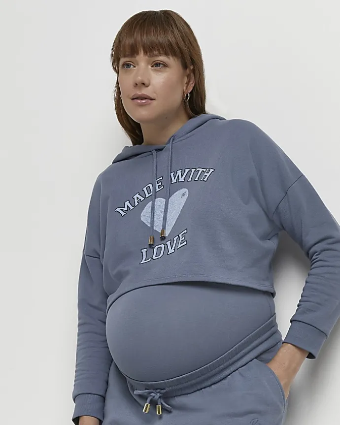Blue graphic cropped maternity hoodie
