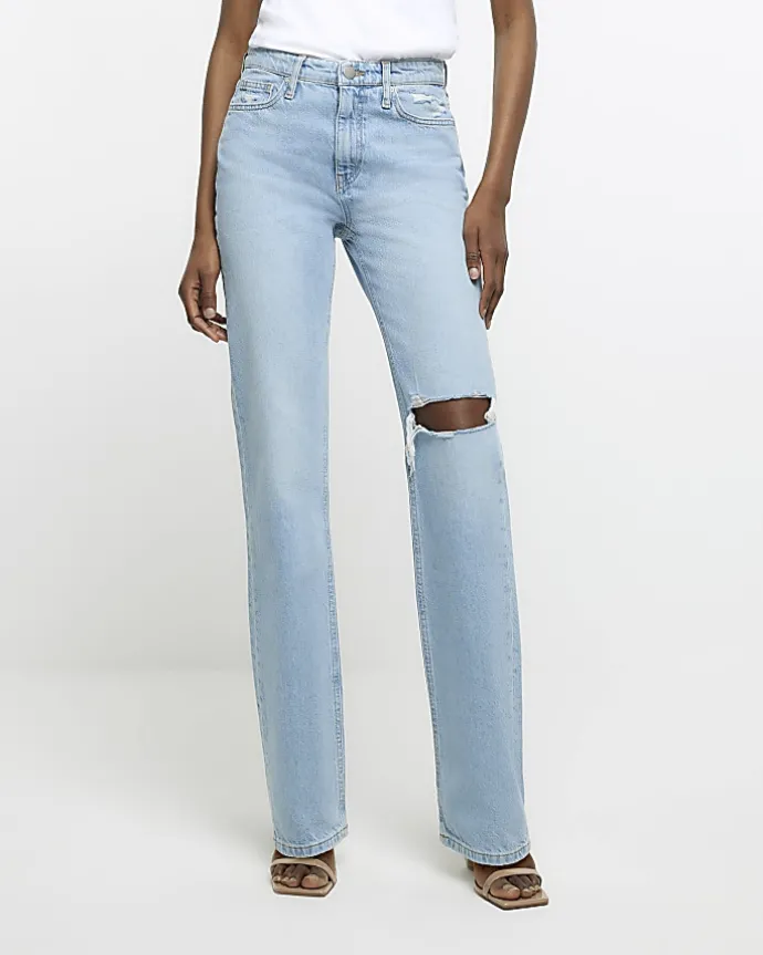Blue high rise stove pipe straight leg jeans