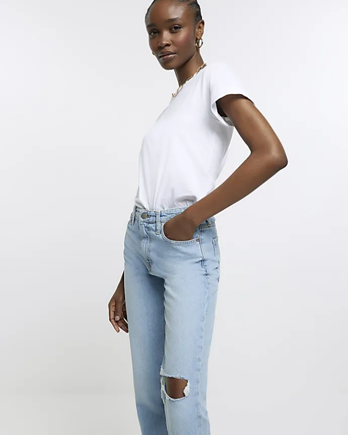 Blue high rise stove pipe straight leg jeans