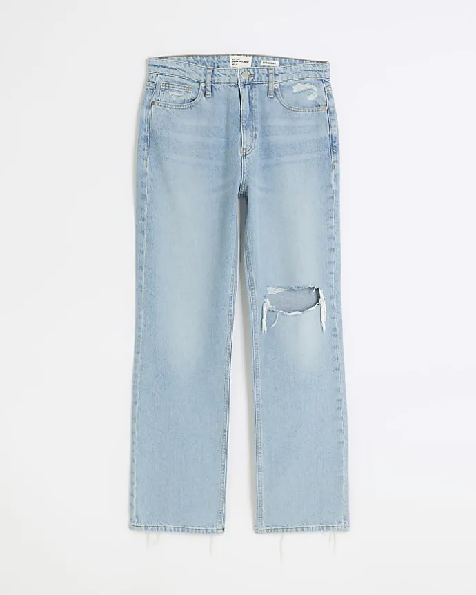 Blue high rise stove pipe straight leg jeans