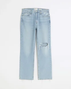 Blue high rise stove pipe straight leg jeans