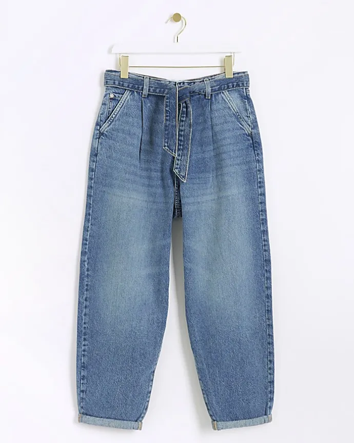 Blue High Waisted Belted Barrell Jeans