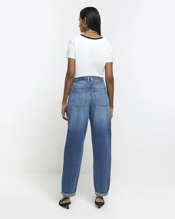 Blue High Waisted Belted Barrell Jeans