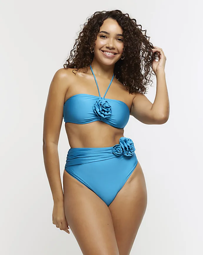 Blue high waisted corsage bikini bottoms