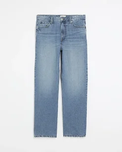 Blue high waisted relaxed straight leg jeans