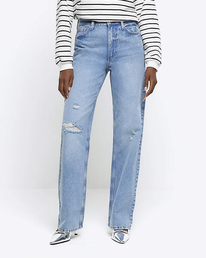 Blue high waisted relaxed straight fit jeans