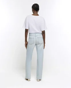 Blue high waisted relaxed straight leg jeans