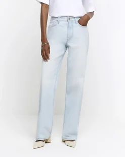 Blue high waisted relaxed straight leg jeans
