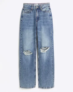 Blue high waisted relaxed straight rip jeans