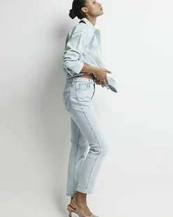 Blue high waisted slim straight jeans
