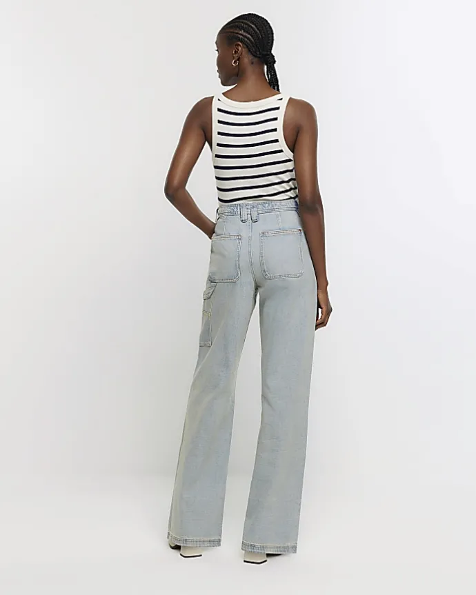 Blue high waisted wide fit cargo jeans