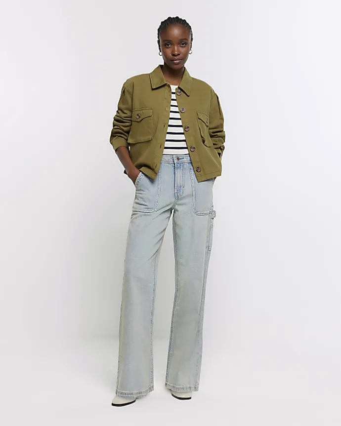 Blue high waisted wide fit cargo jeans