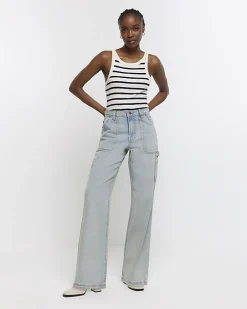 Blue high waisted wide fit cargo jeans