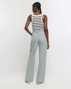 Blue high waisted wide fit cargo jeans