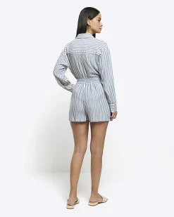 Blue linen blend stripe shorts