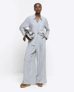 Blue linen blend stripe shirt