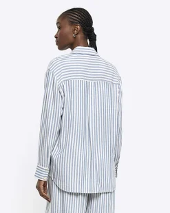 Blue linen blend stripe shirt