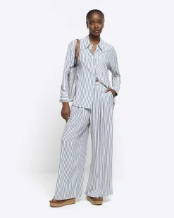 Blue linen blend stripe wide leg trousers