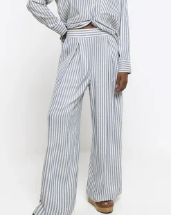 Blue linen blend stripe wide leg trousers