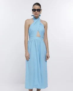 Blue linen halter neck midi dress