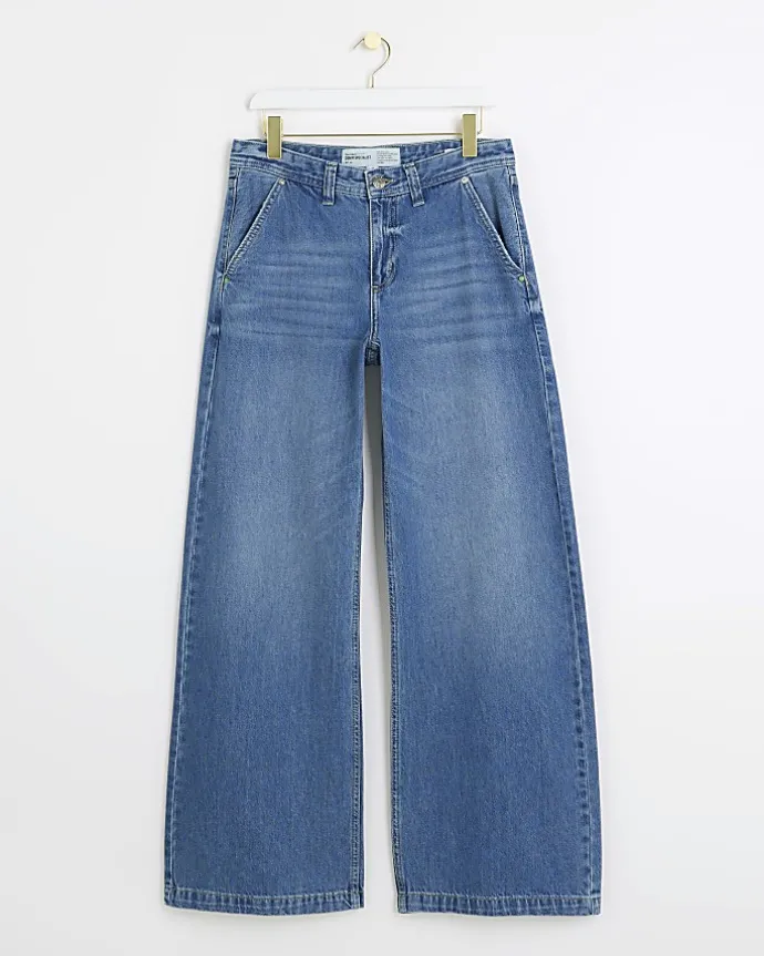 Blue mid rise baggy wide leg jeans