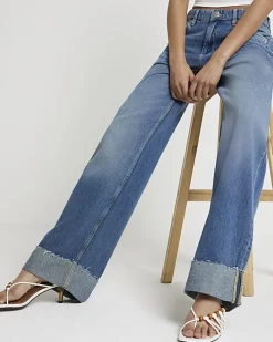 Blue mid rise loose baggy jeans