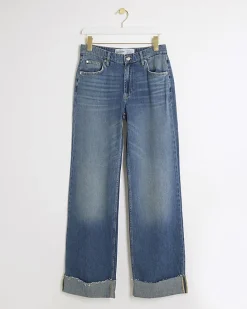Blue mid rise loose baggy jeans