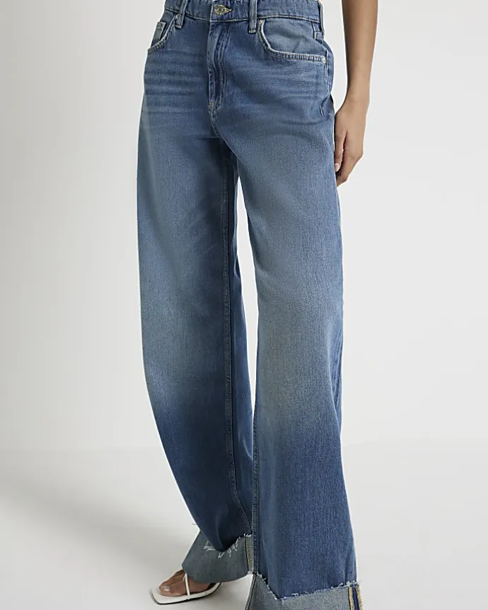Blue mid rise loose baggy jeans