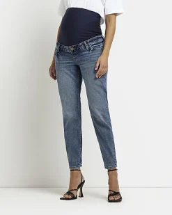 Blue mid rise maternity mom jeans