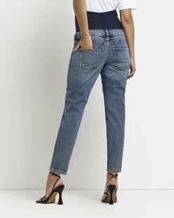 Blue mid rise maternity mom jeans