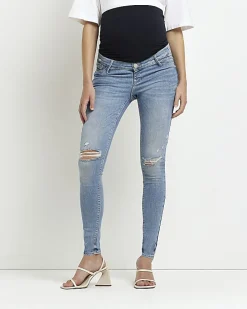 Blue mid rise maternity ripped skinny jeans
