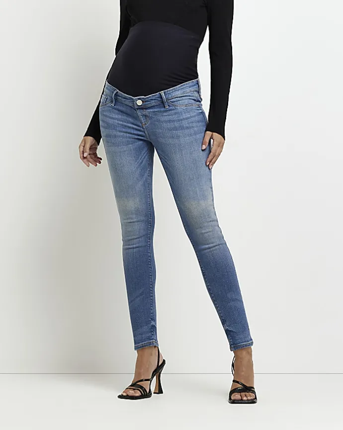 Blue mid rise maternity skinny jeans