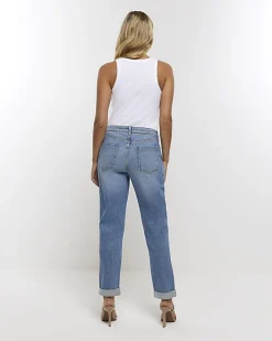 Blue mid rise relaxed straight jeans
