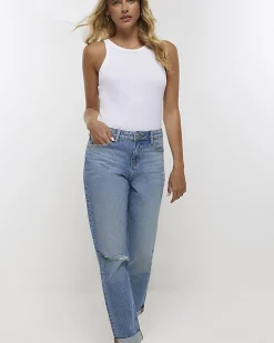 Blue mid rise relaxed straight jeans