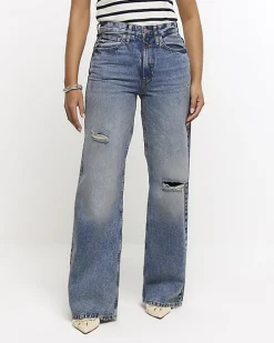 Blue mid rise ripped wide leg jeans
