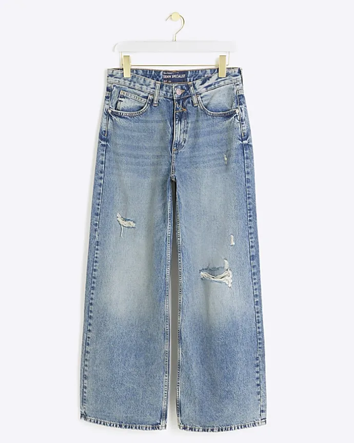 Blue mid rise ripped wide leg jeans